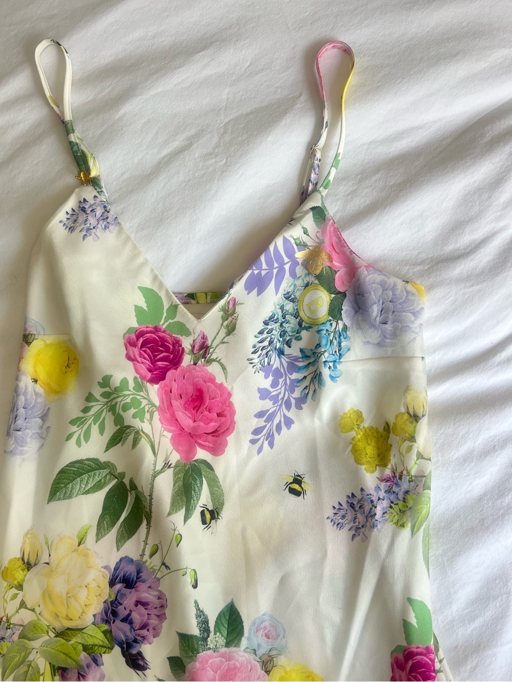 Floral Satin Spaghetti Strap Slip Maxi Dress - Pink, Yellow, Lavender on Cream